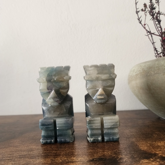 Vintage Natural Stone Marble Small Pair of 2 Tiki Aztec Figurine Bookends - Picture 4 of 8